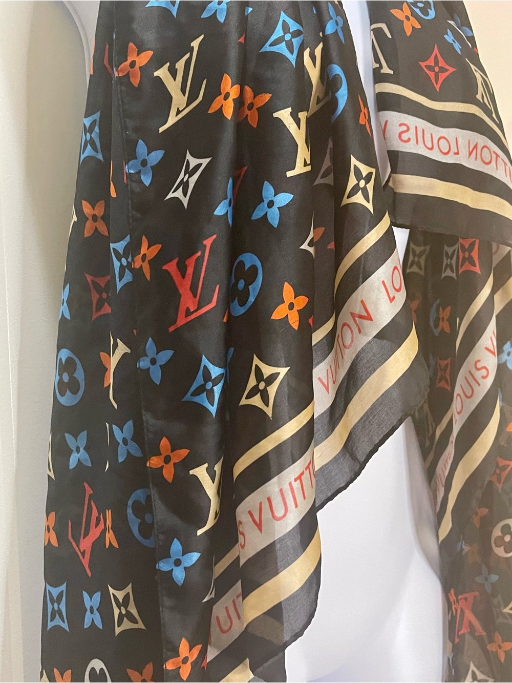 Louis Vuitton Black Silk Scarf with Multicolor Monogram Logo Italy - Picture 2 of 8